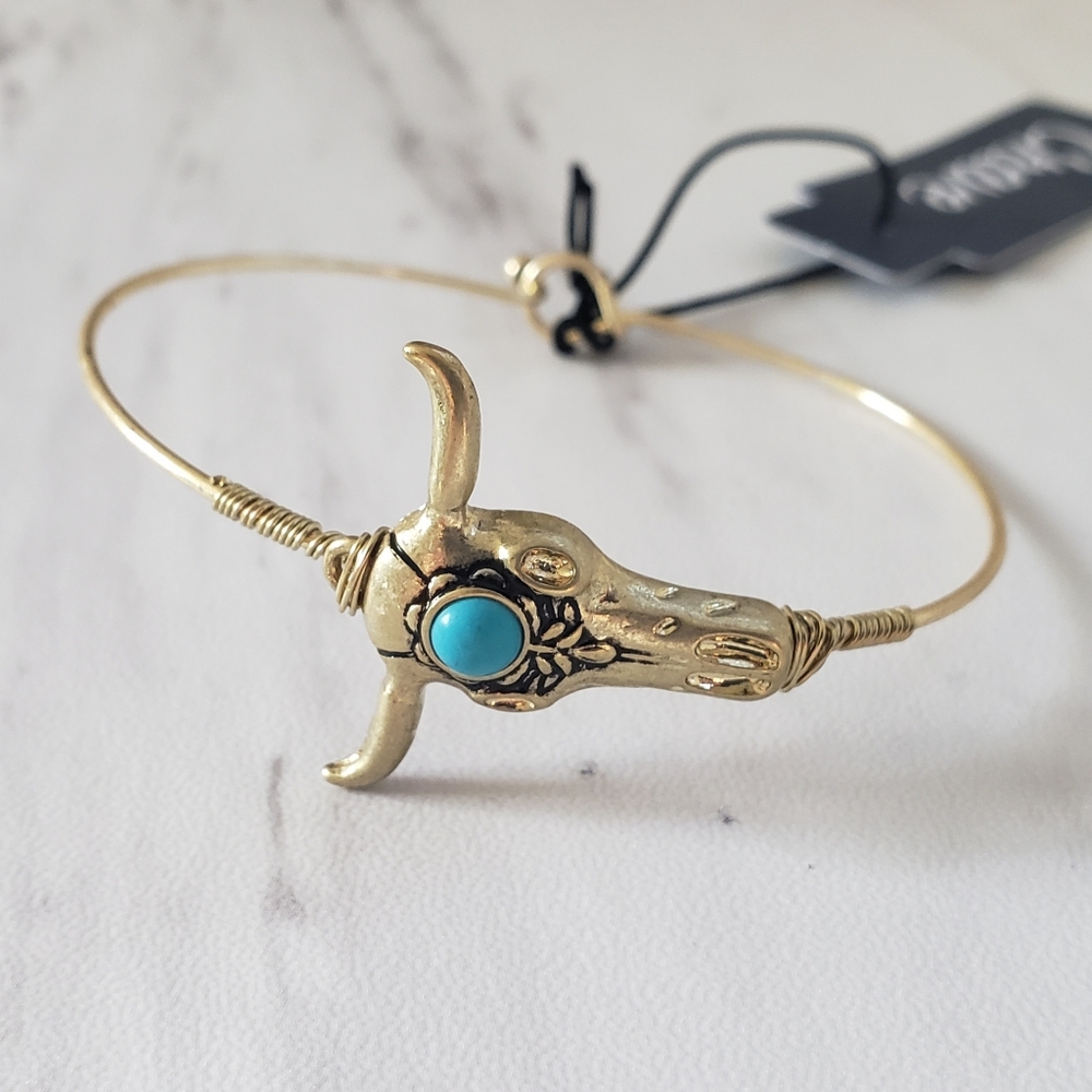 Goldtone and Turquoise Bead Steer Skull Bangle - Picture 3 of 7